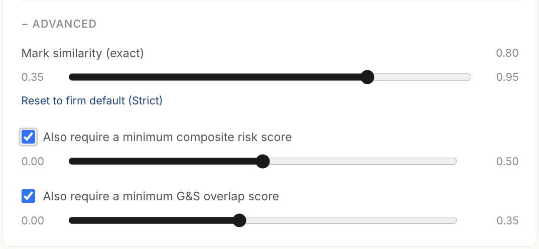 TradeScreen Mark Watch sensitivity controls showing similarity and composite risk thresholds